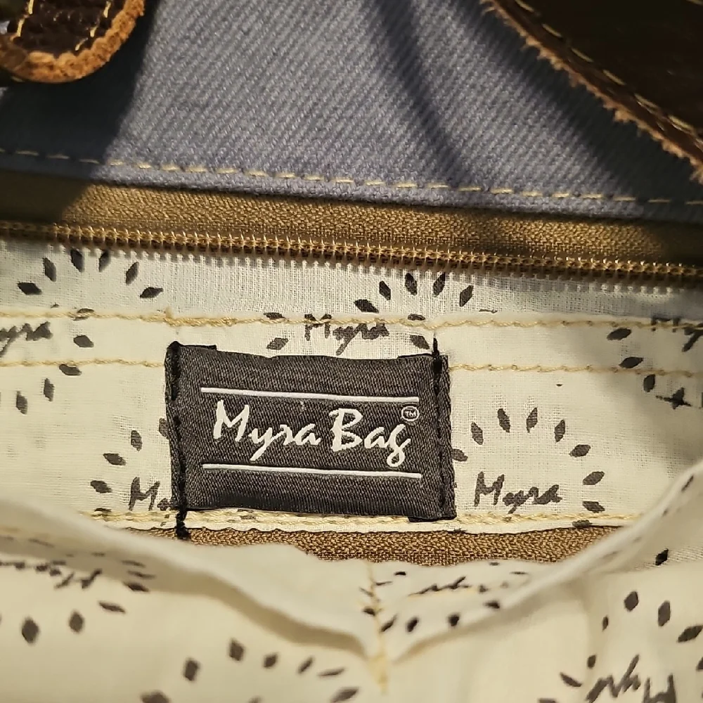 Myra Bag Blue & White Chevron Crossbody with Brown Trim